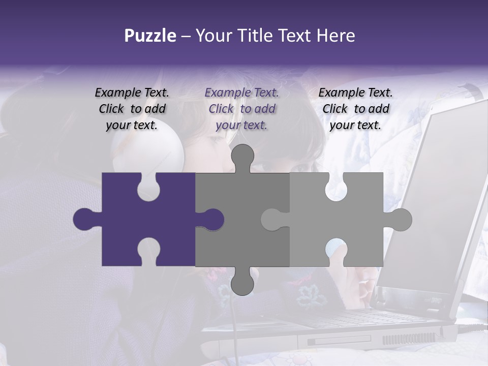 Two Small Girls, One With Laptop And Headphones Pointing At The Screen And The Other Watching It PowerPoint Template