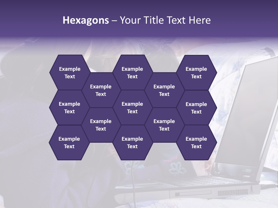 Two Small Girls, One With Laptop And Headphones Pointing At The Screen And The Other Watching It PowerPoint Template