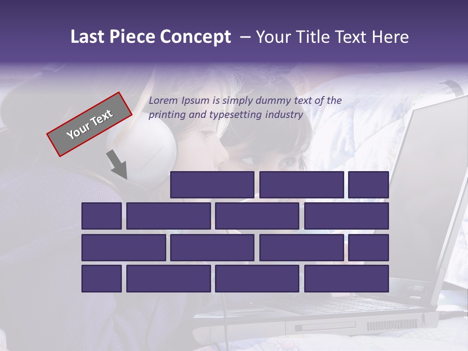 Two Small Girls, One With Laptop And Headphones Pointing At The Screen And The Other Watching It PowerPoint Template