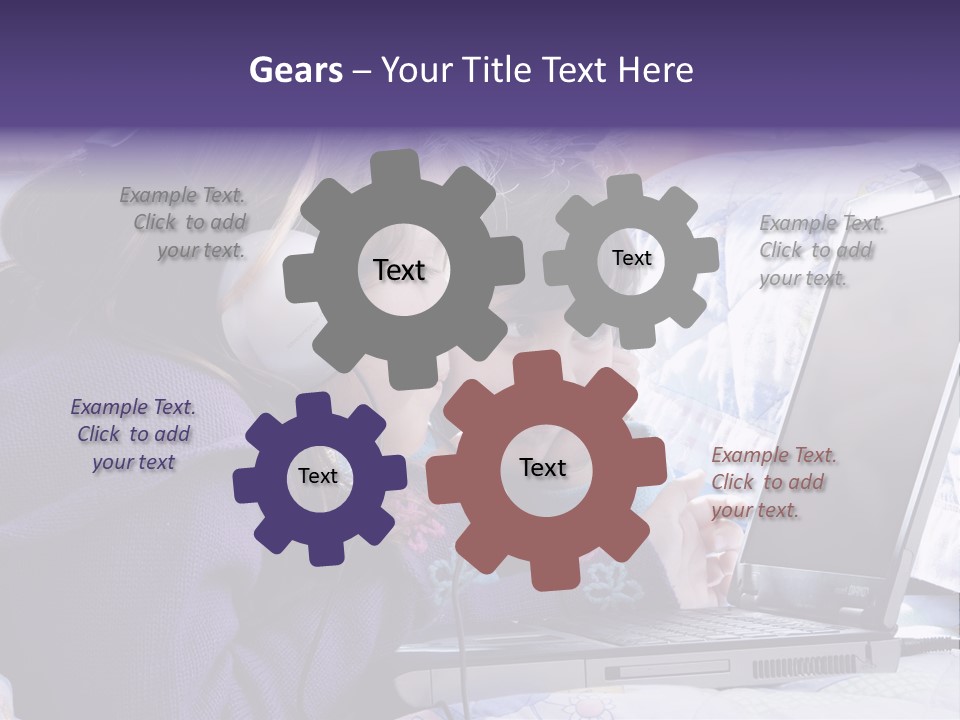 Two Small Girls, One With Laptop And Headphones Pointing At The Screen And The Other Watching It PowerPoint Template