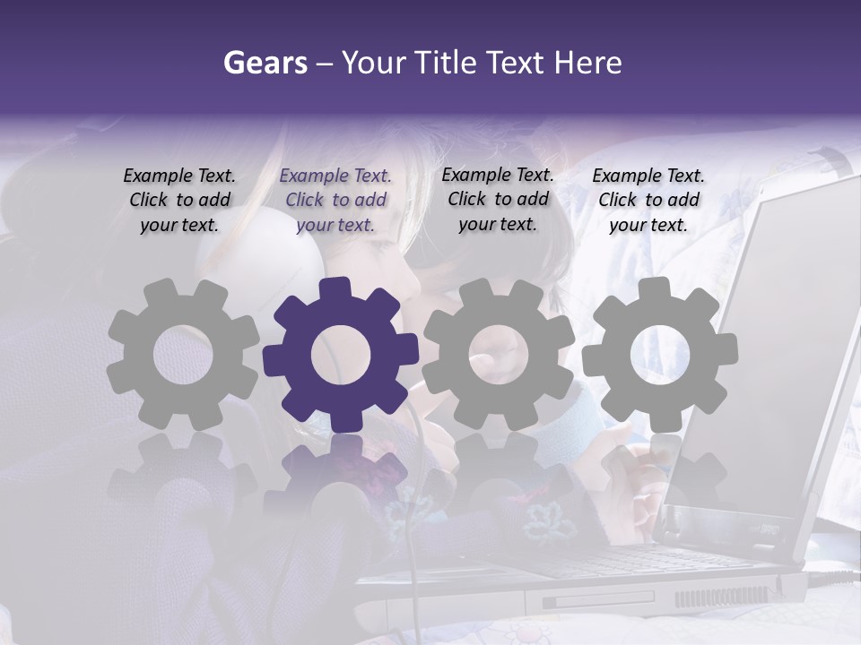 Two Small Girls, One With Laptop And Headphones Pointing At The Screen And The Other Watching It PowerPoint Template