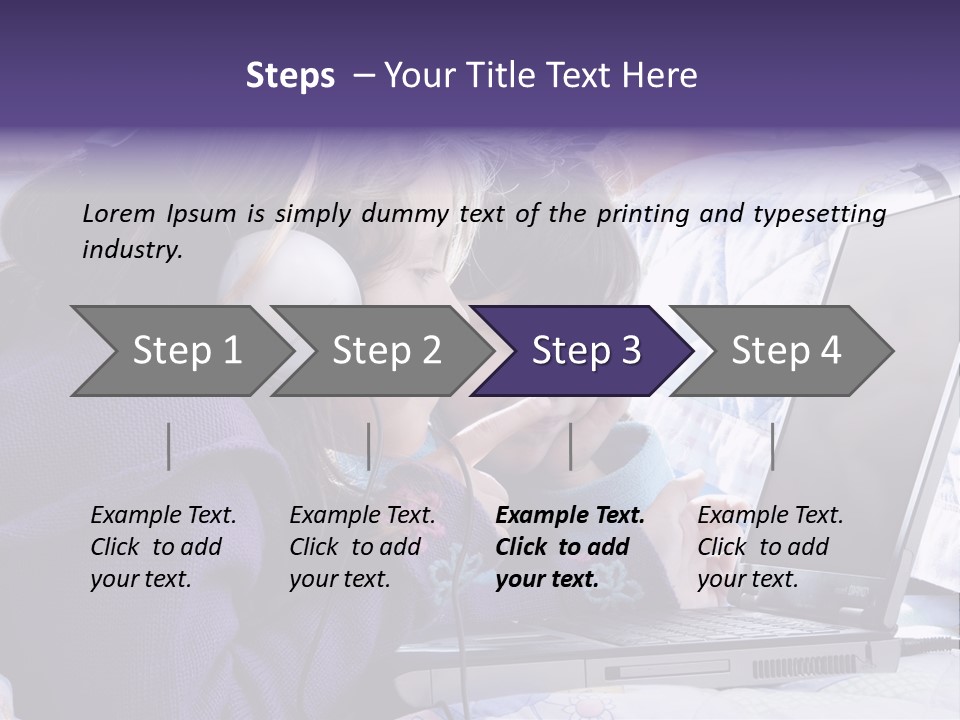 Two Small Girls, One With Laptop And Headphones Pointing At The Screen And The Other Watching It PowerPoint Template