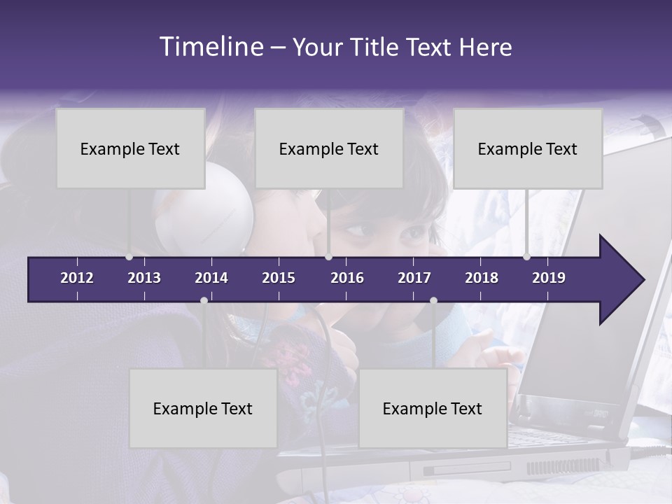 Two Small Girls, One With Laptop And Headphones Pointing At The Screen And The Other Watching It PowerPoint Template