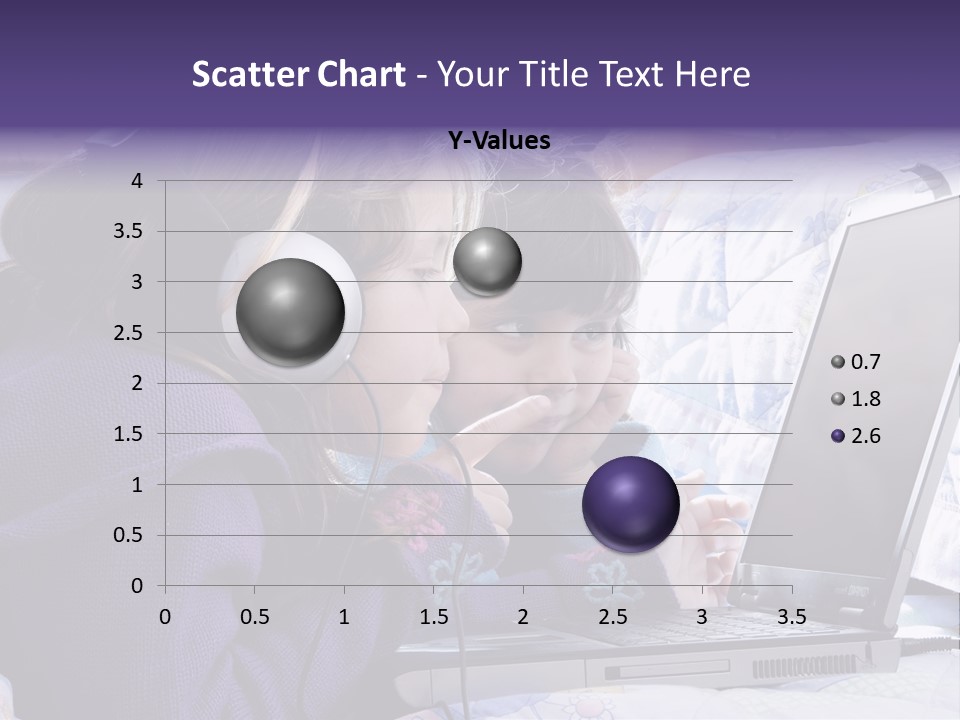 Two Small Girls, One With Laptop And Headphones Pointing At The Screen And The Other Watching It PowerPoint Template