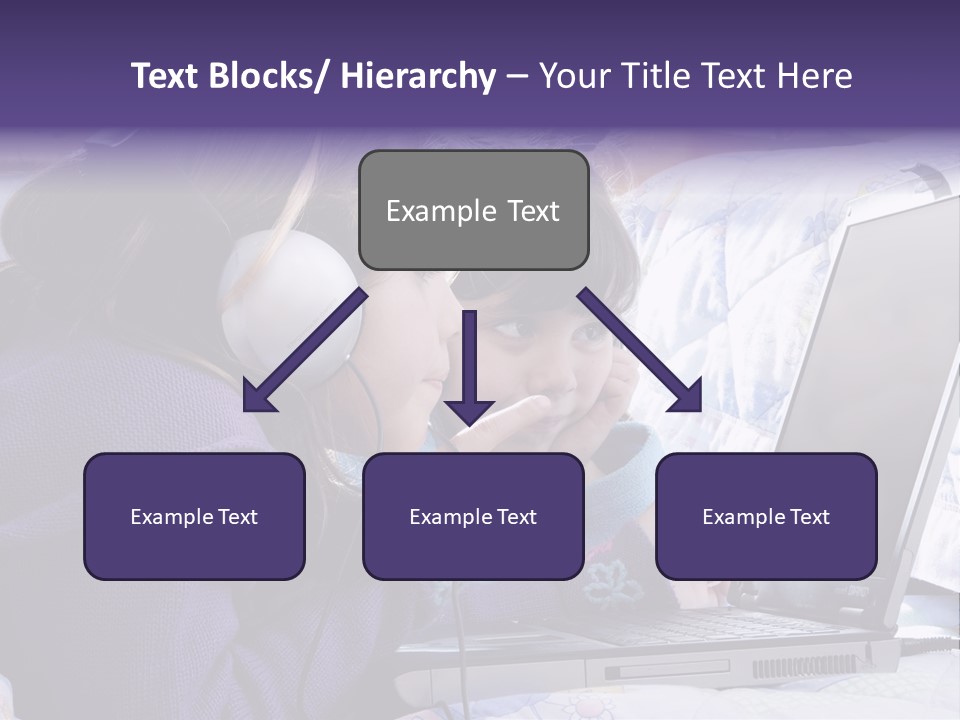 Two Small Girls, One With Laptop And Headphones Pointing At The Screen And The Other Watching It PowerPoint Template