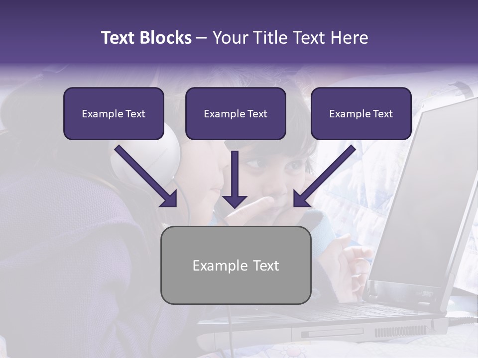 Two Small Girls, One With Laptop And Headphones Pointing At The Screen And The Other Watching It PowerPoint Template