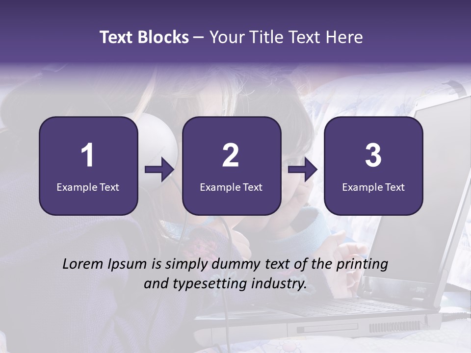 Two Small Girls, One With Laptop And Headphones Pointing At The Screen And The Other Watching It PowerPoint Template