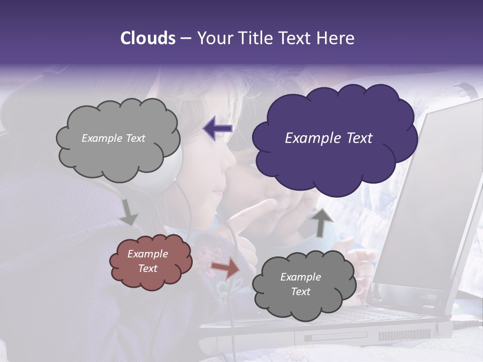 Two Small Girls, One With Laptop And Headphones Pointing At The Screen And The Other Watching It PowerPoint Template