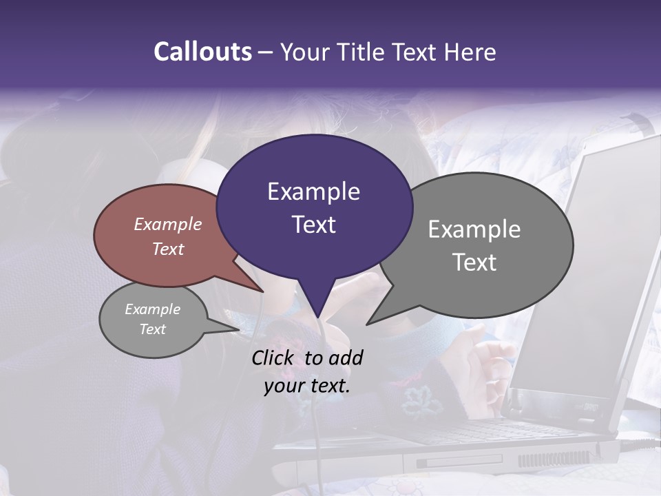 Two Small Girls, One With Laptop And Headphones Pointing At The Screen And The Other Watching It PowerPoint Template