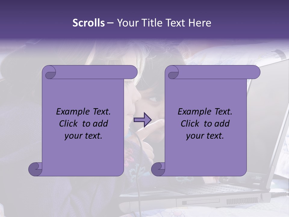 Two Small Girls, One With Laptop And Headphones Pointing At The Screen And The Other Watching It PowerPoint Template