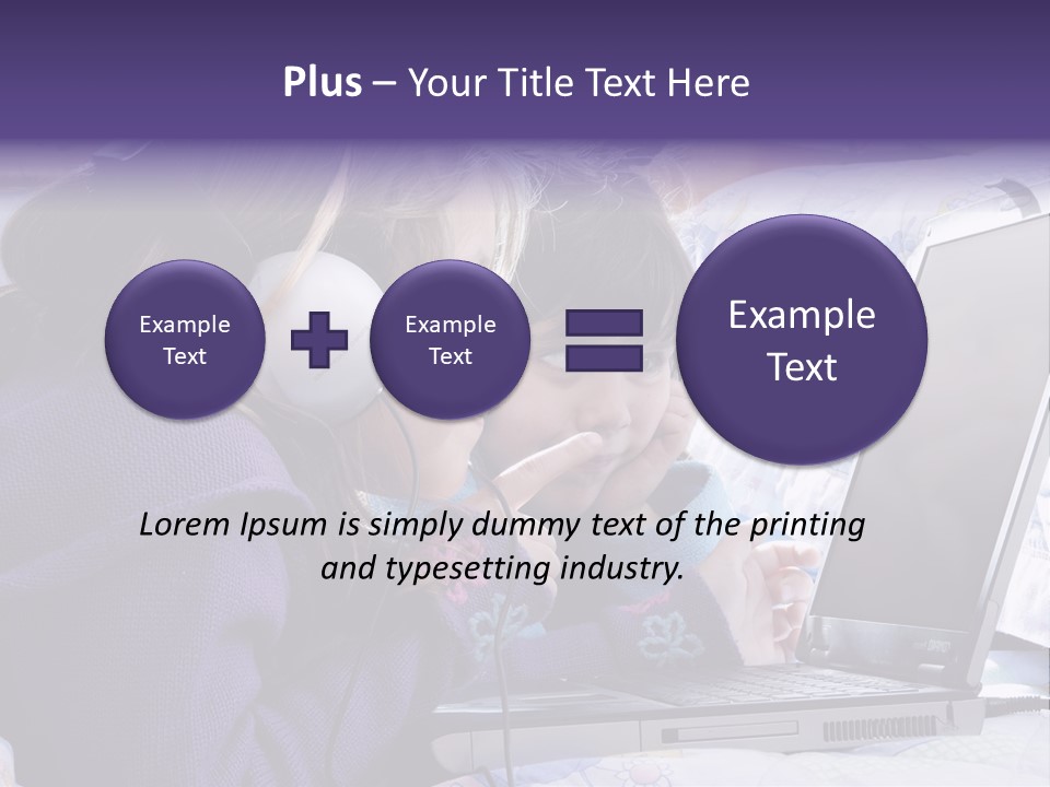 Two Small Girls, One With Laptop And Headphones Pointing At The Screen And The Other Watching It PowerPoint Template