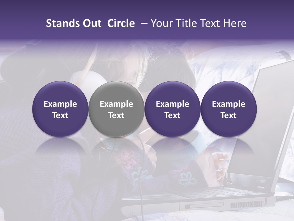 Two Small Girls, One With Laptop And Headphones Pointing At The Screen And The Other Watching It PowerPoint Template