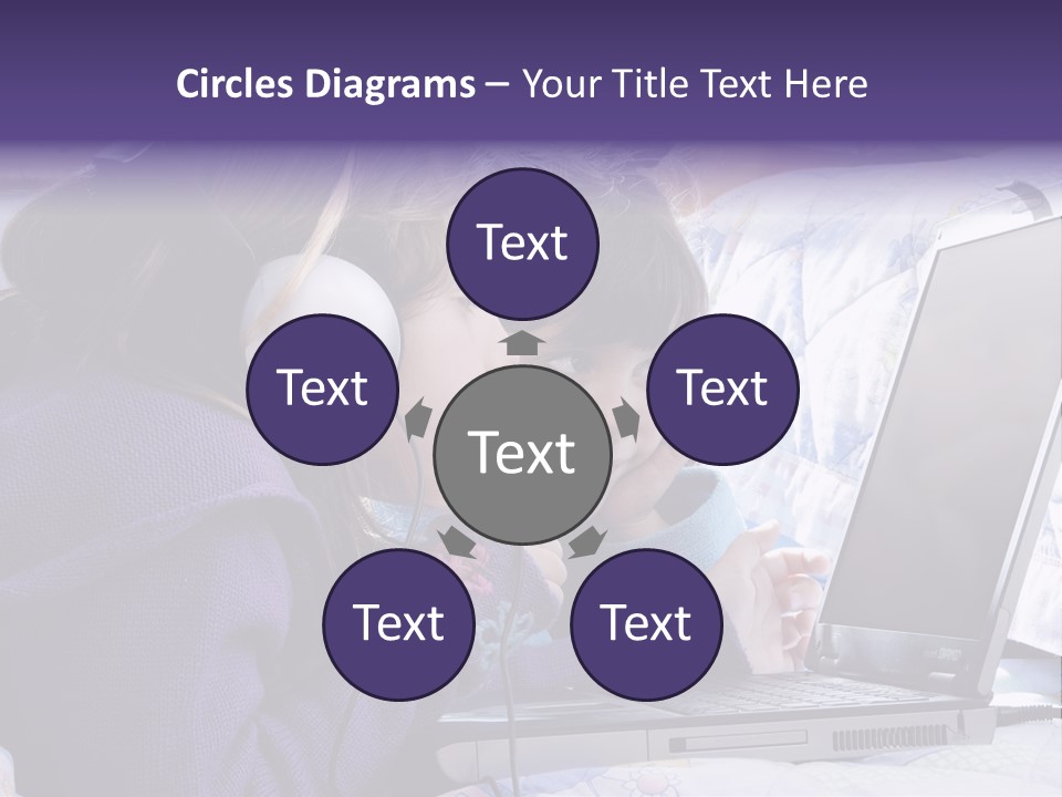 Two Small Girls, One With Laptop And Headphones Pointing At The Screen And The Other Watching It PowerPoint Template