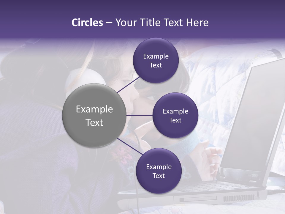 Two Small Girls, One With Laptop And Headphones Pointing At The Screen And The Other Watching It PowerPoint Template