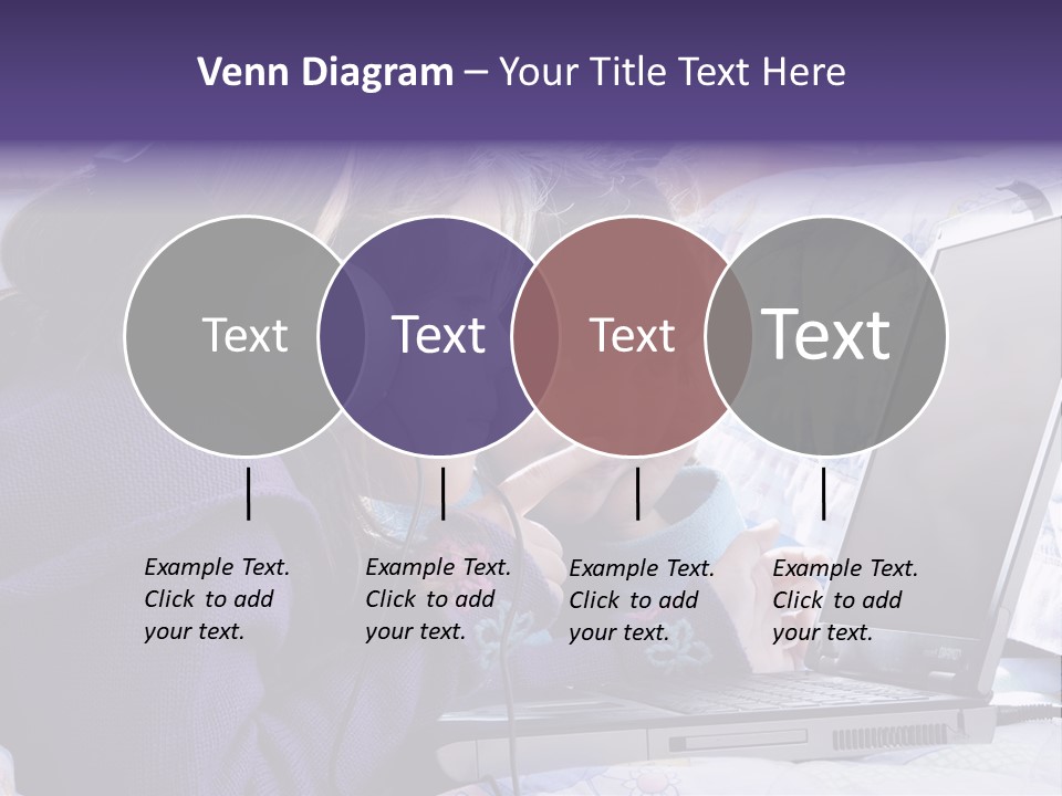 Two Small Girls, One With Laptop And Headphones Pointing At The Screen And The Other Watching It PowerPoint Template