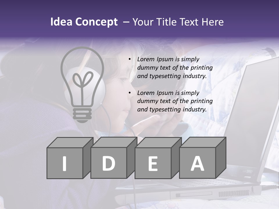 Two Small Girls, One With Laptop And Headphones Pointing At The Screen And The Other Watching It PowerPoint Template