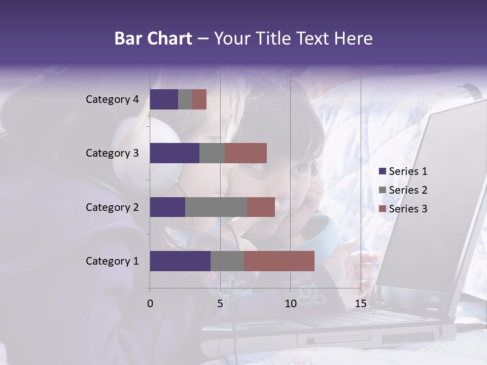 Two Small Girls, One With Laptop And Headphones Pointing At The Screen And The Other Watching It PowerPoint Template