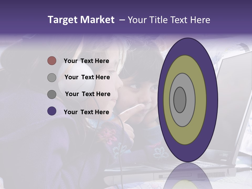 Two Small Girls, One With Laptop And Headphones Pointing At The Screen And The Other Watching It PowerPoint Template