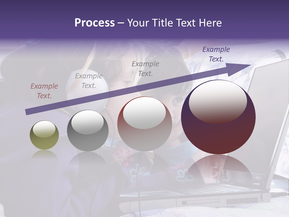 Two Small Girls, One With Laptop And Headphones Pointing At The Screen And The Other Watching It PowerPoint Template