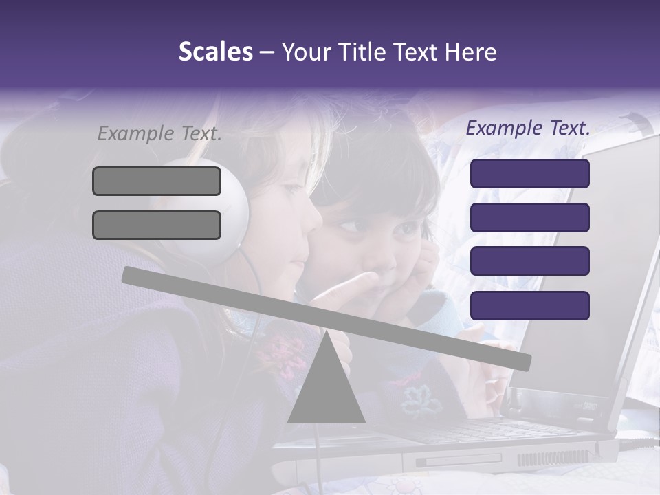 Two Small Girls, One With Laptop And Headphones Pointing At The Screen And The Other Watching It PowerPoint Template