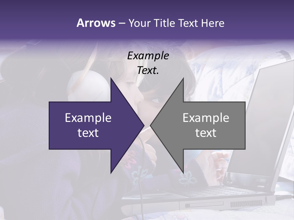 Two Small Girls, One With Laptop And Headphones Pointing At The Screen And The Other Watching It PowerPoint Template