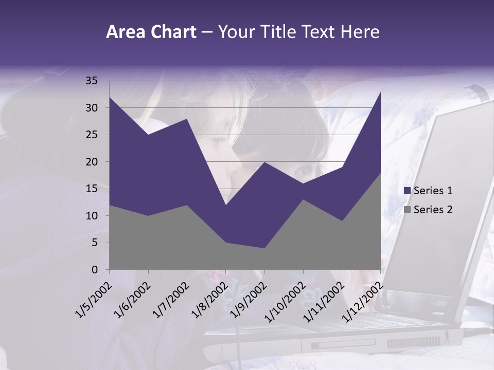 Two Small Girls, One With Laptop And Headphones Pointing At The Screen And The Other Watching It PowerPoint Template