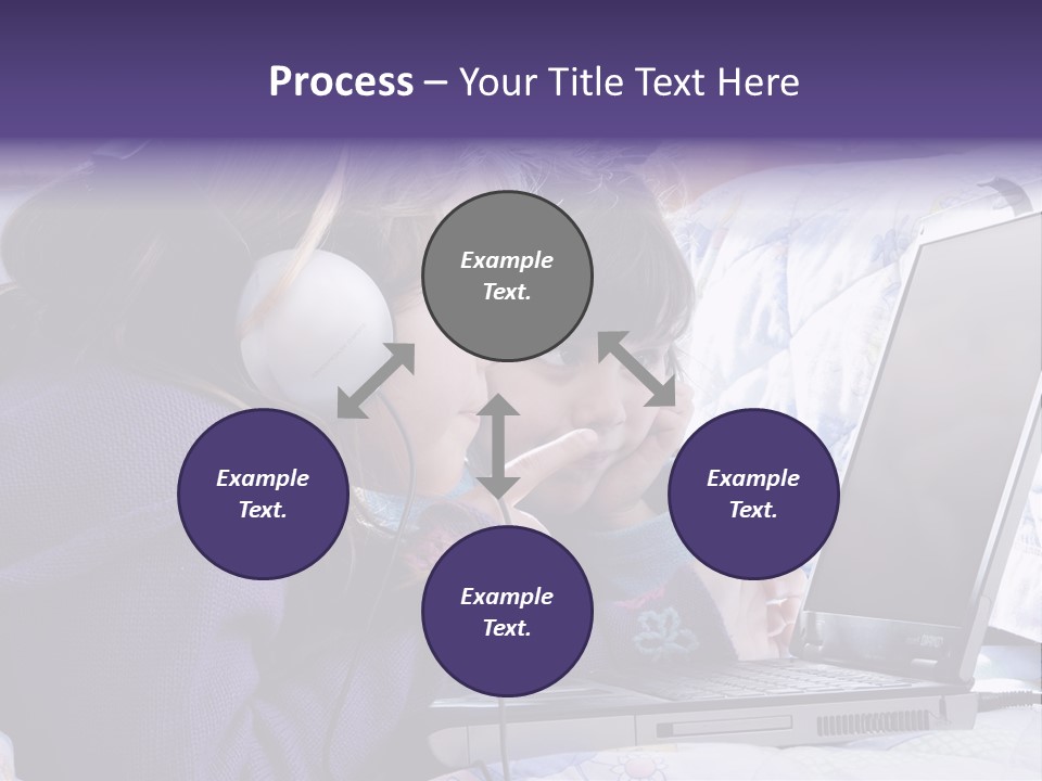 Two Small Girls, One With Laptop And Headphones Pointing At The Screen And The Other Watching It PowerPoint Template