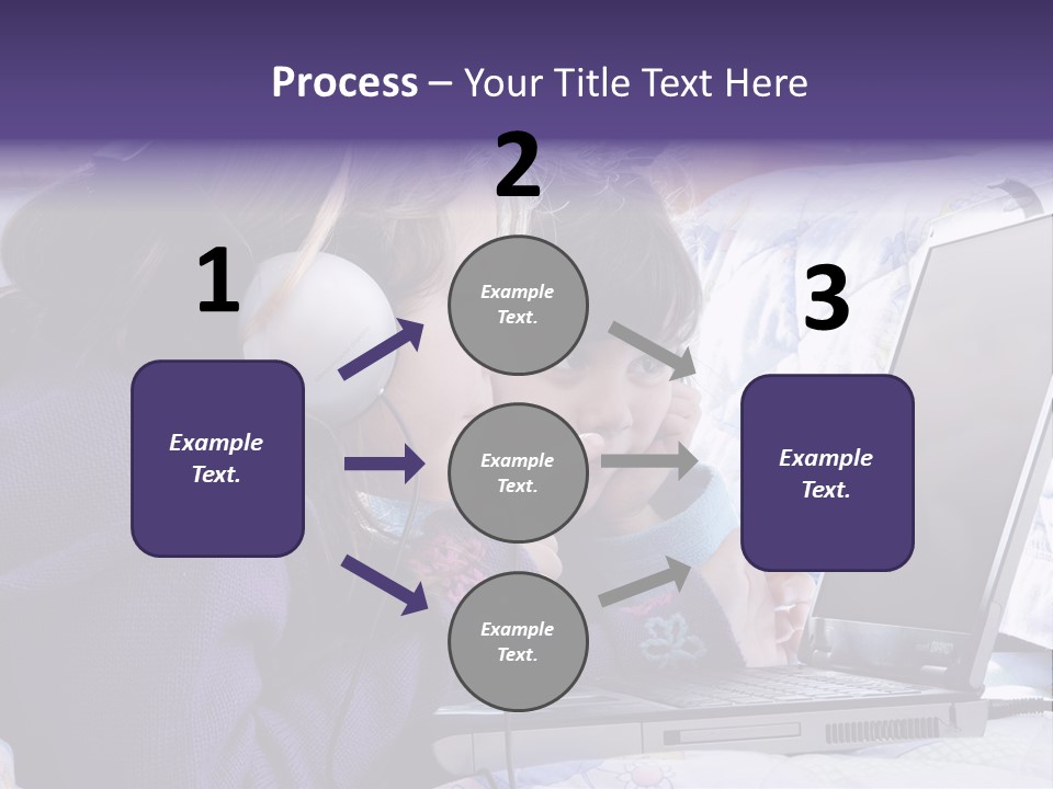 Two Small Girls, One With Laptop And Headphones Pointing At The Screen And The Other Watching It PowerPoint Template
