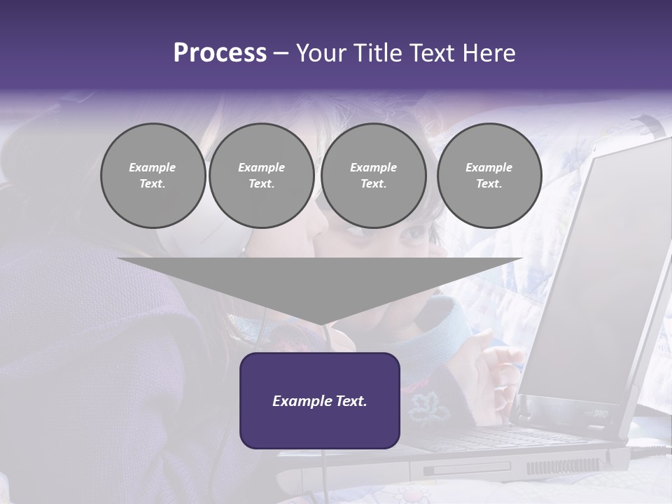 Two Small Girls, One With Laptop And Headphones Pointing At The Screen And The Other Watching It PowerPoint Template