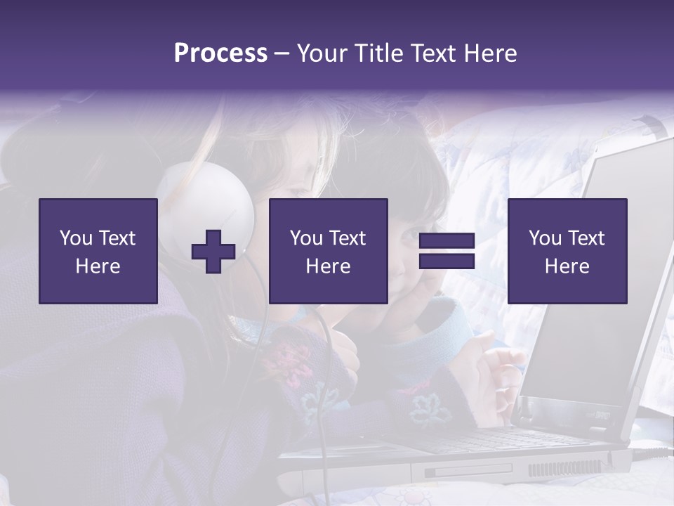 Two Small Girls, One With Laptop And Headphones Pointing At The Screen And The Other Watching It PowerPoint Template