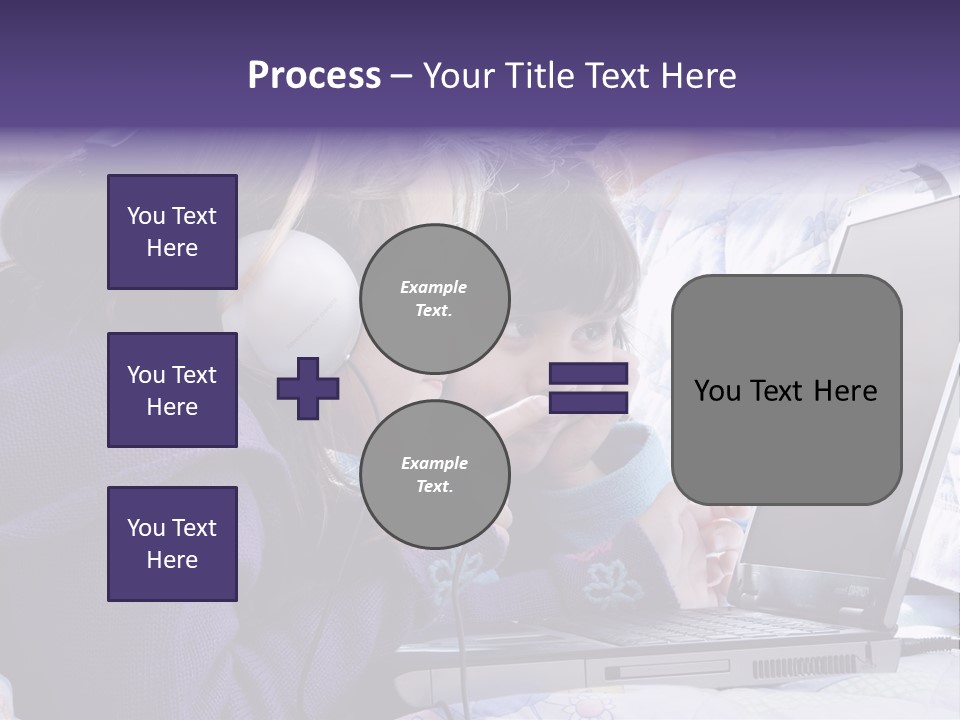 Two Small Girls, One With Laptop And Headphones Pointing At The Screen And The Other Watching It PowerPoint Template