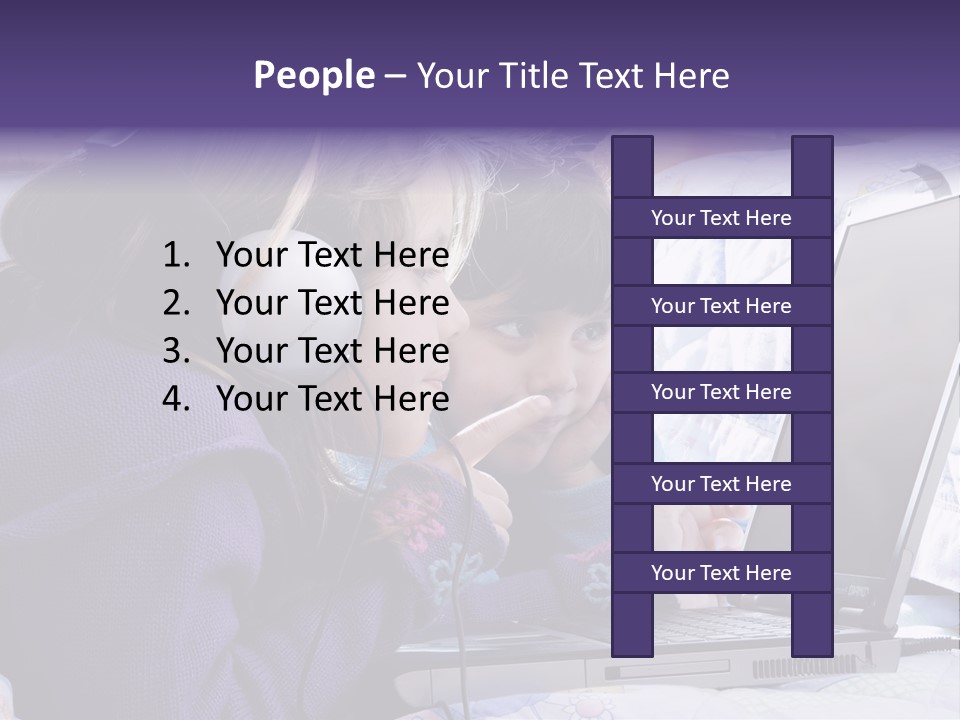 Two Small Girls, One With Laptop And Headphones Pointing At The Screen And The Other Watching It PowerPoint Template