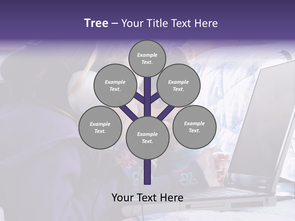 Two Small Girls, One With Laptop And Headphones Pointing At The Screen And The Other Watching It PowerPoint Template