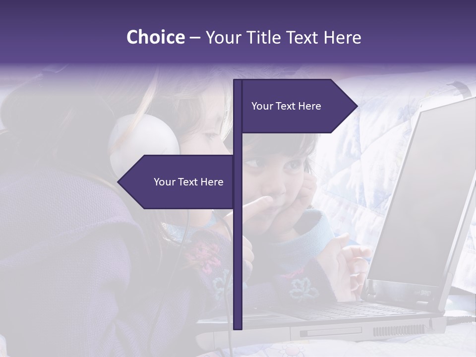 Two Small Girls, One With Laptop And Headphones Pointing At The Screen And The Other Watching It PowerPoint Template