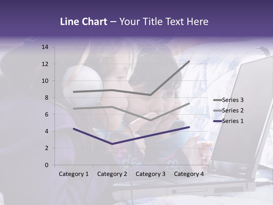 Two Small Girls, One With Laptop And Headphones Pointing At The Screen And The Other Watching It PowerPoint Template