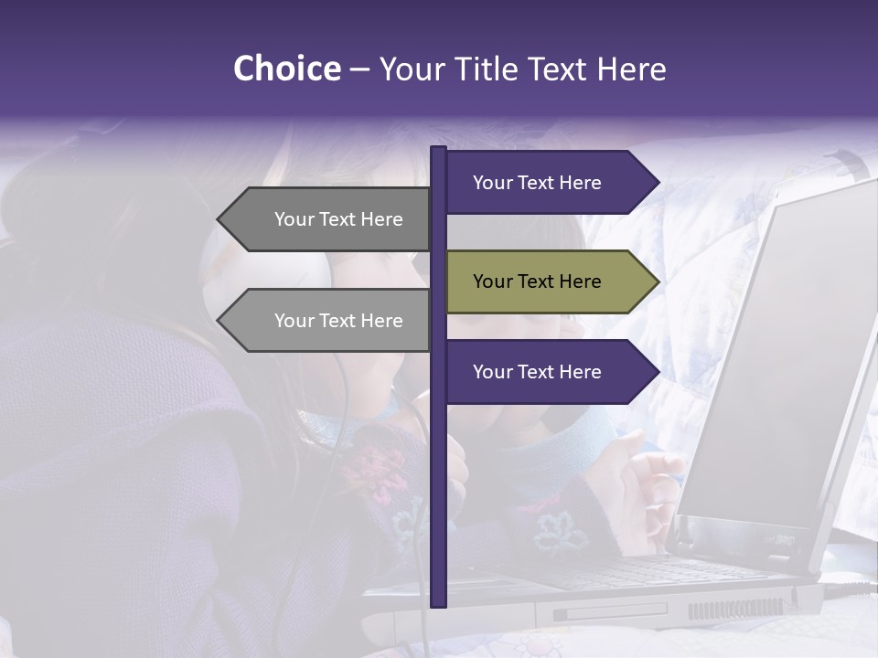 Two Small Girls, One With Laptop And Headphones Pointing At The Screen And The Other Watching It PowerPoint Template