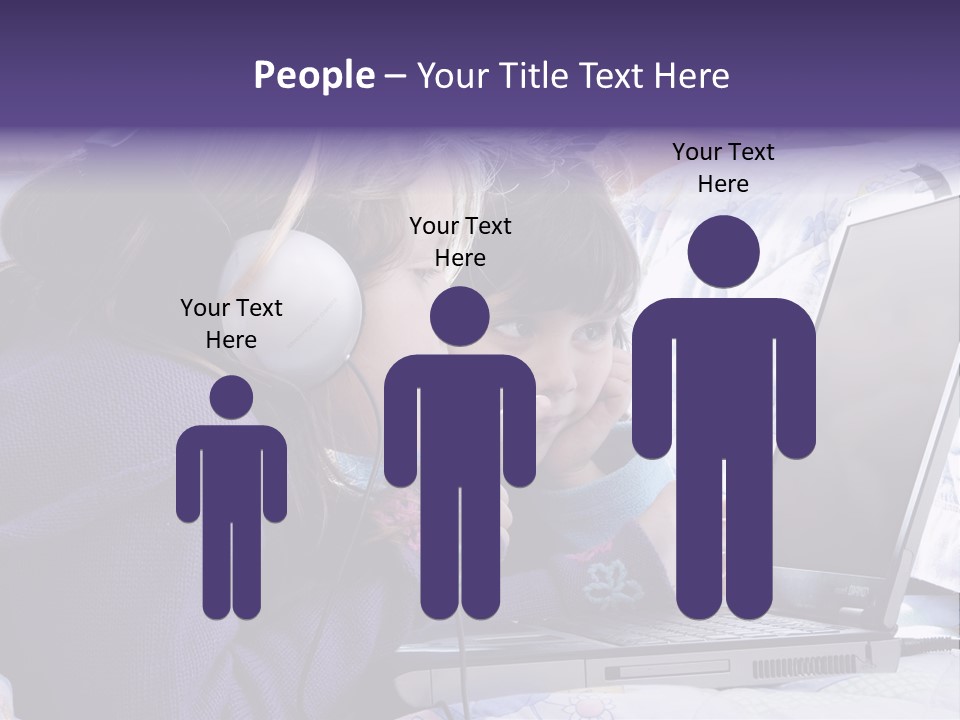 Two Small Girls, One With Laptop And Headphones Pointing At The Screen And The Other Watching It PowerPoint Template