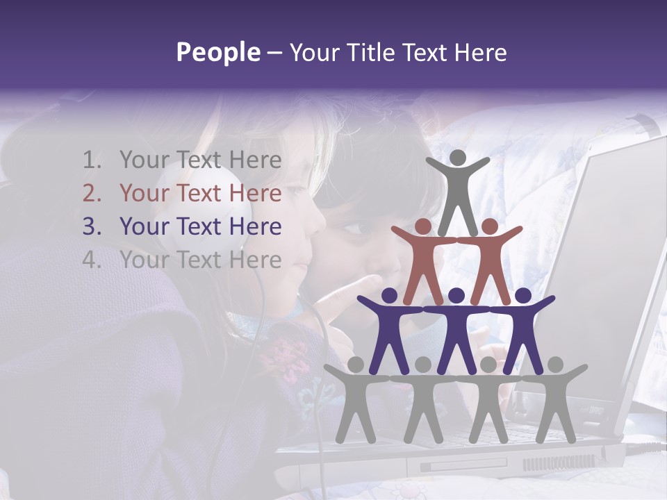 Two Small Girls, One With Laptop And Headphones Pointing At The Screen And The Other Watching It PowerPoint Template