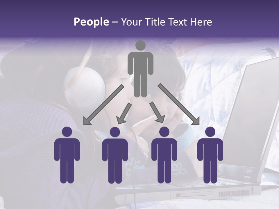 Two Small Girls, One With Laptop And Headphones Pointing At The Screen And The Other Watching It PowerPoint Template