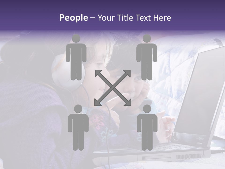 Two Small Girls, One With Laptop And Headphones Pointing At The Screen And The Other Watching It PowerPoint Template