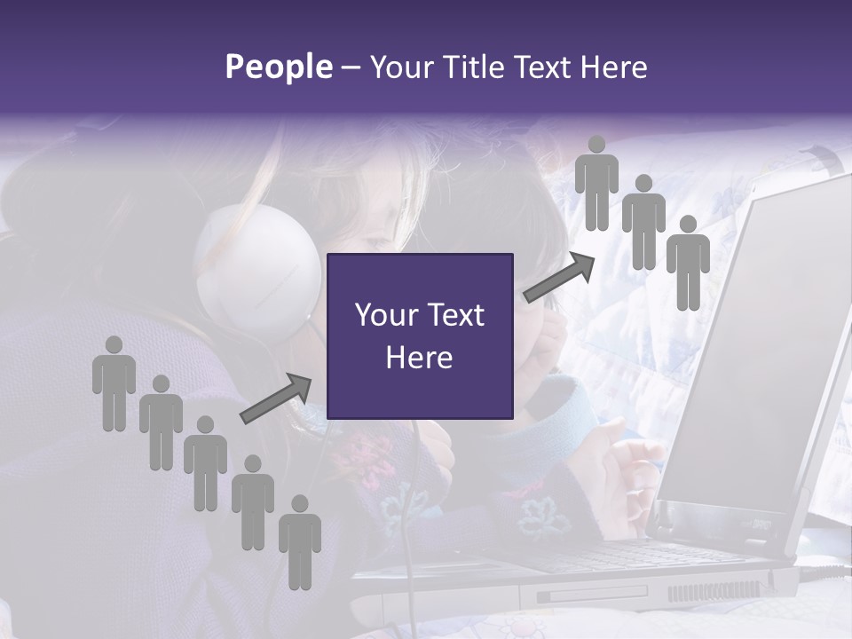 Two Small Girls, One With Laptop And Headphones Pointing At The Screen And The Other Watching It PowerPoint Template