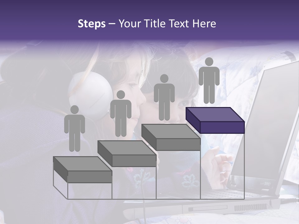 Two Small Girls, One With Laptop And Headphones Pointing At The Screen And The Other Watching It PowerPoint Template