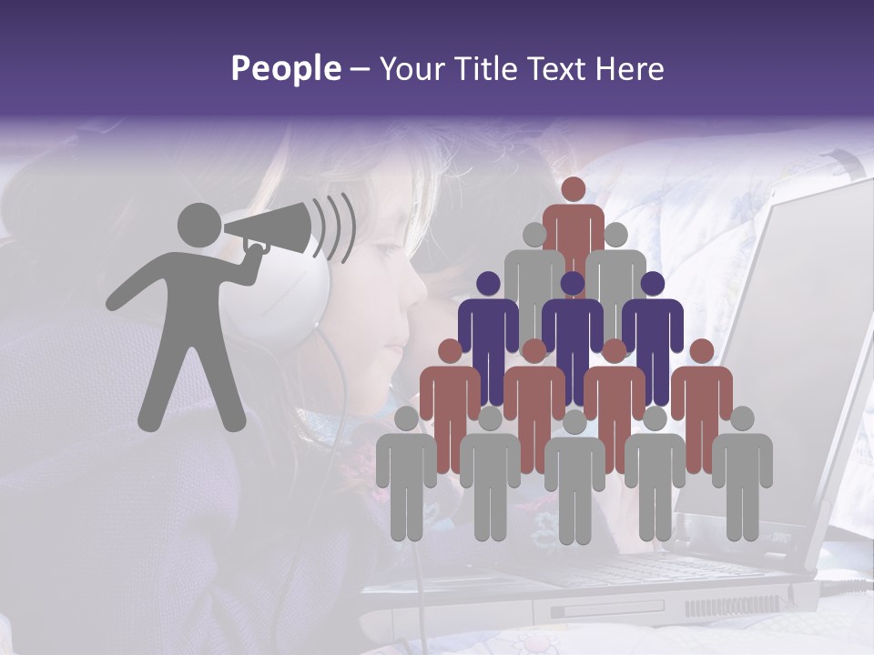 Two Small Girls, One With Laptop And Headphones Pointing At The Screen And The Other Watching It PowerPoint Template