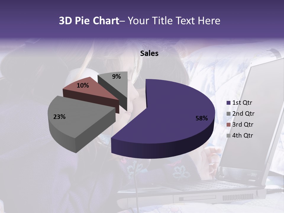 Two Small Girls, One With Laptop And Headphones Pointing At The Screen And The Other Watching It PowerPoint Template