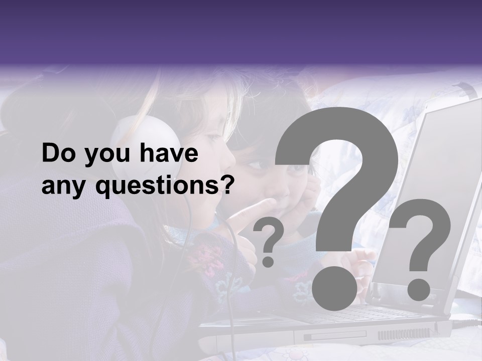 Two Small Girls, One With Laptop And Headphones Pointing At The Screen And The Other Watching It PowerPoint Template