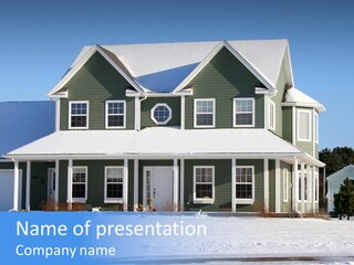 A View Of A New Home In Winter, Covered With Snow. PowerPoint Template