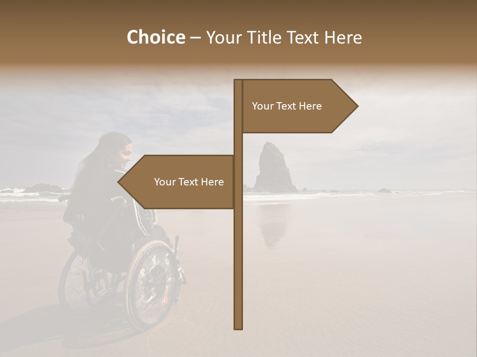 Beautiful Young Woman In A Wheel Chair Visiting Cannon Beach In Oregon, Usa. PowerPoint Template
