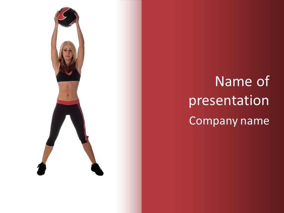 Young Woman Working Out In The Gym Stretches And Raises A Medicine Ball Above Her Head PowerPoint Template