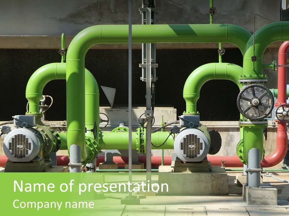 Pumps, Valves And Green Steel Pipes At Industrial Cooling Tower. PowerPoint Template