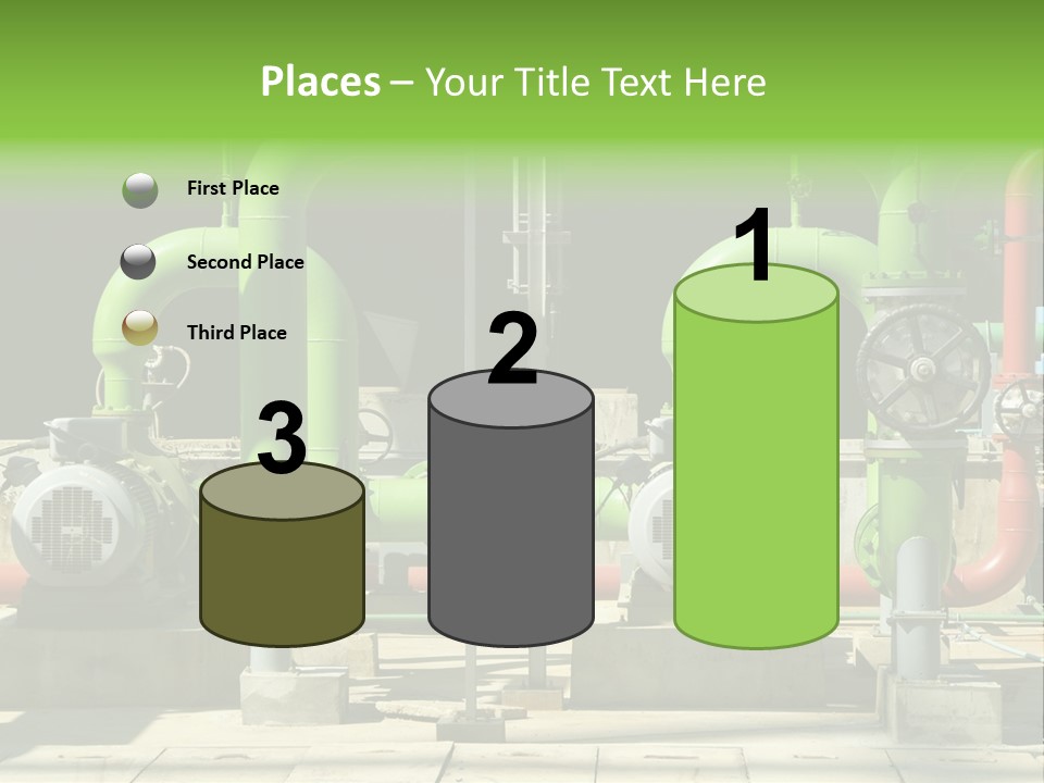 Pumps, Valves And Green Steel Pipes At Industrial Cooling Tower. PowerPoint Template